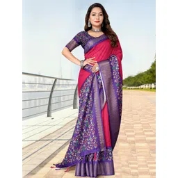 SSHAGUN LIFESTYLE Pink & Purple Embellished Printed Checkered Floral Print Bollywood Cotton Silk Saree-picture-10