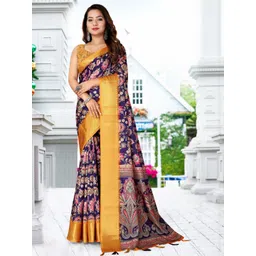 SSHAGUN LIFESTYLE Purple & Yellow Embellished Printed Floral Print Bollywood Cotton Silk Saree-picture-28