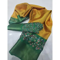 SSHAGUN LIFESTYLE Yellow & Green Printed Hand Batik Cotton Silk Saree-picture-41