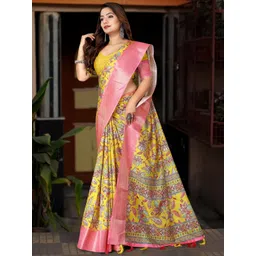 SSHAGUN LIFESTYLE Yellow & Pink Embellished Printed Floral Print Bollywood Cotton Silk Saree-picture-26