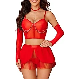 ssoshhub Sexy Lingerie Sets Removeable Chain Linked Halter Bustier Wirefree Lingerie Set with Skirt & Arm Sleeves & Thong Nightgown Babydoll Lingerie Female Wedding Honeymoon and Anniversary-picture-31