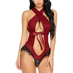 ssoshhub SoSh Women Babydoll Nightwear Sexy Women Secret Lingerie Swimming Party Swimwear Beachwear Sheer Honeymoon Valentine Special Night Wedding Lingerie Babydoll for Women Lace Free Size (Maroon 1)-picture-12