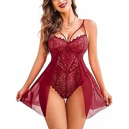 ssoshhub Women Lingerie Set Lace Teddy Strap Babydoll Bodysuit Bikini with Flair Skirt Floral Snap Crotch-picture-24