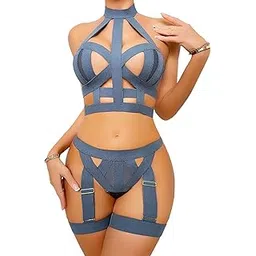 ssoshhub Women Night Bra Panty Lingerie Set with Garter Belt Lace Teddy Strap Babydoll Lingerie Romantic Bikini with Panty Gown Set for Women Party Honeymoon Set-picture-11