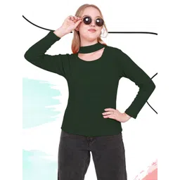 SSTAIR Women Green Choker Neck Long Sleeves Ribbed Lyocell Top-picture-28