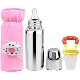 Stainless Steel Baby Feeding Bottle Set with Soft Silicone Nipple & Fruit Feeder | Insulated Cover for Warm Milk | BPA Free, Leak Proof Feeding Bottle for Newborns & Infants (Pink, 250ml)-picture-18