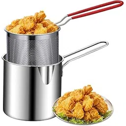 Stainless steel deep fryer pot with basket oil strainer and heat resistant handle for home kitchen frying chicken potato french fries tempura versatile stovetop cooking durable easy clean fryer pot-picture-34