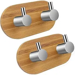 Stainless Steel Hooks, Bamboo Towel Hooks, Waterproof Adhesive Hooks Wood, Self Adhesive Hooks Holder with Wood for Bathroom, Toilet, Kitchen, Bedroom Double Hook (peck of - 2)-picture-15