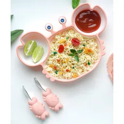 Starkiddo Crab Food Grade Silicone Suction Plates For Baby With Trainer Spoon & Fork - Pink-picture-13
