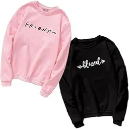 status apparels Women's Cotton Round Neck Sweatshirt (W-Friend/Bless-SS_Pink / Black-picture-44