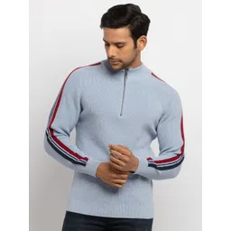 Status Quo Men Blue & Red Striped Mock Collar Sweater-picture-16