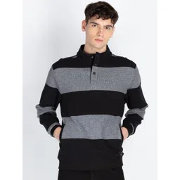 Status Quo Men Cotton Mock Collar Striped Pullover Sweatshirt-picture-31