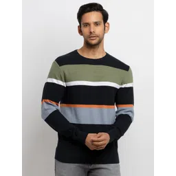 Status Quo Men Navy Blue & Green Striped Pullover-picture-30