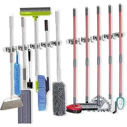 STEFFAN Broom Holder Wall Mounted – No Drill Mop Organizer, Heavy Duty Wall Hanger for Brooms, Mops & Cleaning Tools (Silver - 5 Slots, Pack of 1)-picture-16