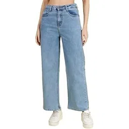 steple denims Women's High Rise Cotton Blend Solid Blue Wide Leg Jeans-picture-24