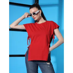 STHULAS Women Round Neck Tie-Ups Solid Cherry Red Pure Cotton Top-picture-10