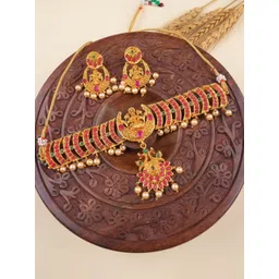 StileAdda Gold Plated Artificial Stones Studded & Beaded Temple Jewellery Set-picture-26