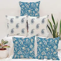 STITCHNEST Floral Decorative Blue and White Printed Poly Cotton Square Cushion Covers. (16 X 16 Inches, Set of 5)-picture-24
