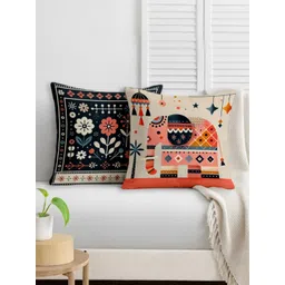 STITCHNEST Black & Peach-Coloured 2 Pieces Ethnic Motifs Satin Square Cushion Covers-picture-20