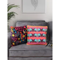 STITCHNEST Blue & Pink 2 Pieces Ethnic Motifs Velvet Square Cushion Covers-picture-12
