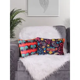 STITCHNEST Blue & Pink 2 Pieces Floral Velvet Square Cushion Covers-picture-36