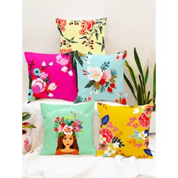 STITCHNEST Blue & Yellow 5 Pieces Floral Square Cushion Covers-picture-12