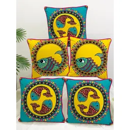 STITCHNEST Blue & Yellow Set of 5 Ethnic Motifs Velvet Square Cushion Covers-picture-20