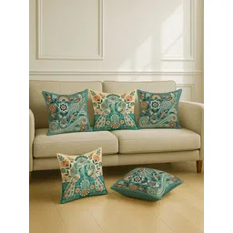 STITCHNEST Green & Off White 5 Pieces Ethnic Motifs Satin Square Cushion Covers-picture-33