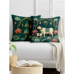 STITCHNEST Green & Pink 2 Pieces Ethnic Motifs Satin Square Cushion Covers-picture-36