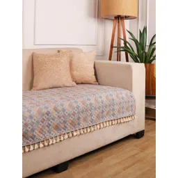 STITCHNEST Grey & Orange Printed Velvet 2 Seater Sofa Cover-picture-22