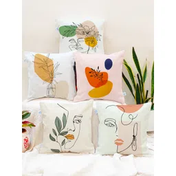 STITCHNEST Pink & Yellow Set of 5 Floral Square Cushion Covers-picture-10