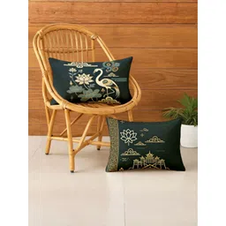 STITCHNEST Teal & Off White 2 Pieces Ethnic Motifs Satin Rectangle Cushion Covers-picture-21