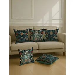STITCHNEST Teal & Orange 5 Pieces Ethnic Motifs Satin Square Cushion Covers-picture-25