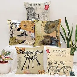 STITCHNEST Vintage Printed Jute Cushion Covers, Set of 5 (16 X 16 Inches)-picture-23