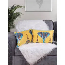 STITCHNEST Yellow & Blue 2 Pieces Ethnic Motifs Printed Velvet Rectangle Cushion Covers-picture-21