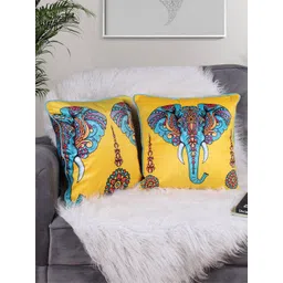 STITCHNEST Yellow & Blue 2 Pieces Ethnic Motifs Velvet Square Cushion Covers-picture-30
