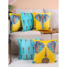 STITCHNEST Yellow & Blue 5 Pieces Ethnic Motifs Printed Velvet Square Cushion Covers-picture-10