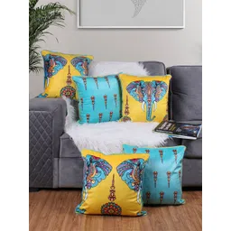 STITCHNEST Yellow & Blue 5 Pieces Ethnic Motifs Printed Velvet Square Cushion Covers image 1