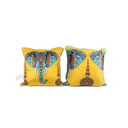 STITCHNEST Yellow & Blue 5 Pieces Ethnic Motifs Printed Velvet Square Cushion Covers image 2