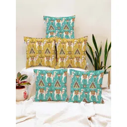 STITCHNEST Yellow & Blue Set of 5 Ethnic Motifs Square Cushion Covers-picture-16