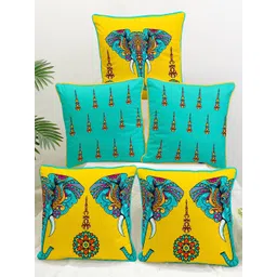 STITCHNEST Yellow & Blue Set of 5 Ethnic Motifs Velvet Square Cushion Covers-picture-13
