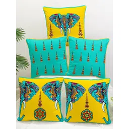 STITCHNEST Yellow & Blue Set of 5 Ethnic Motifs Velvet Square Cushion Covers-picture-15