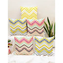 STITCHNEST Yellow & Off White Set of 5 Geometric Printed Square Cushion Covers-picture-32