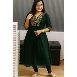 stitchpear Women Embroidered, Floral Print Georgette A-line Kurta-picture-20