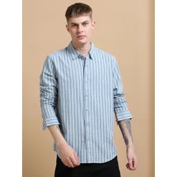 StitchX Men Standard Fit Vertical Striped Spread Collar Cotton Casual Shirt-picture-24