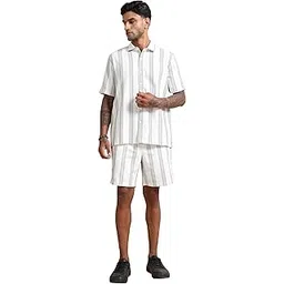 stitchx Men’s Textured Striped Shirt & Short Co-Ord Set Ecru White S-2XL-picture-10