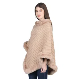 Stole & Yarn Women Self Design Cable Knit Beige Knitted Fur Collar Poncho image 4