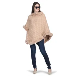 Stole & Yarn Women Self Design Cable Knit Beige Knitted Fur Collar Poncho image 2
