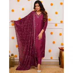 Storebrite Floral Embroidered V-Neck Chanderi Silk Kurta With Trousers & Dupatta-picture-14