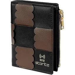 storite RFID Women's Bi-fold Leather Wallet 3 Credit Card Slots, 1 ID Card Slot, 1 Cash Pocket,1 Zipper Coin Slot Ladies Mini Zipper with Button Closure (Black-11.5 x 9 x 2cm)-picture-30